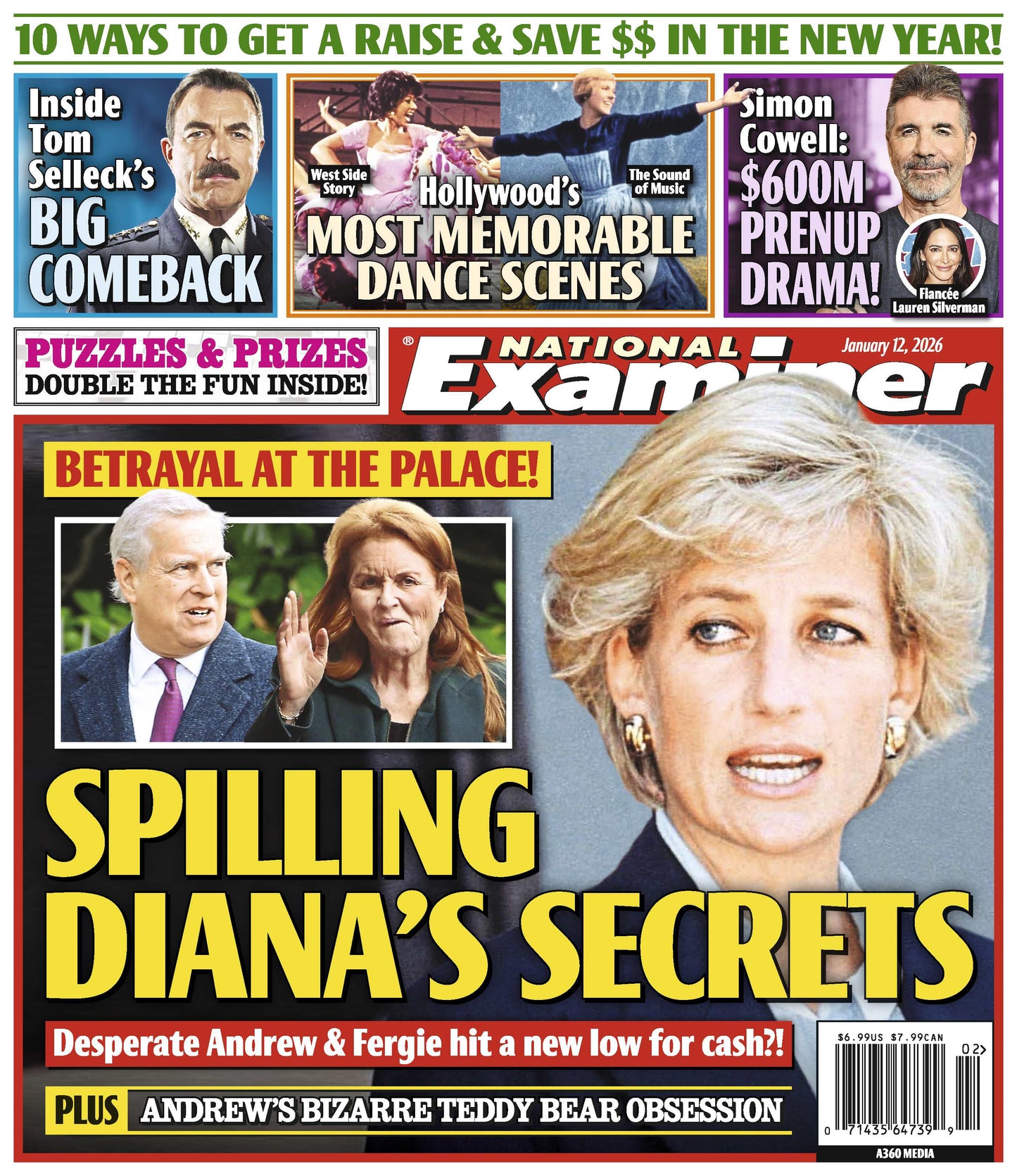 National Examiner - 01.12.26: Spilling Diana's Secrets, Andrew & Fergie Hit A New Low, Tom Selleck's Big Comeback, Hollywood's Most Memorable Dance Scenes, Simon Cowell's $600M Prenup Drama & More!