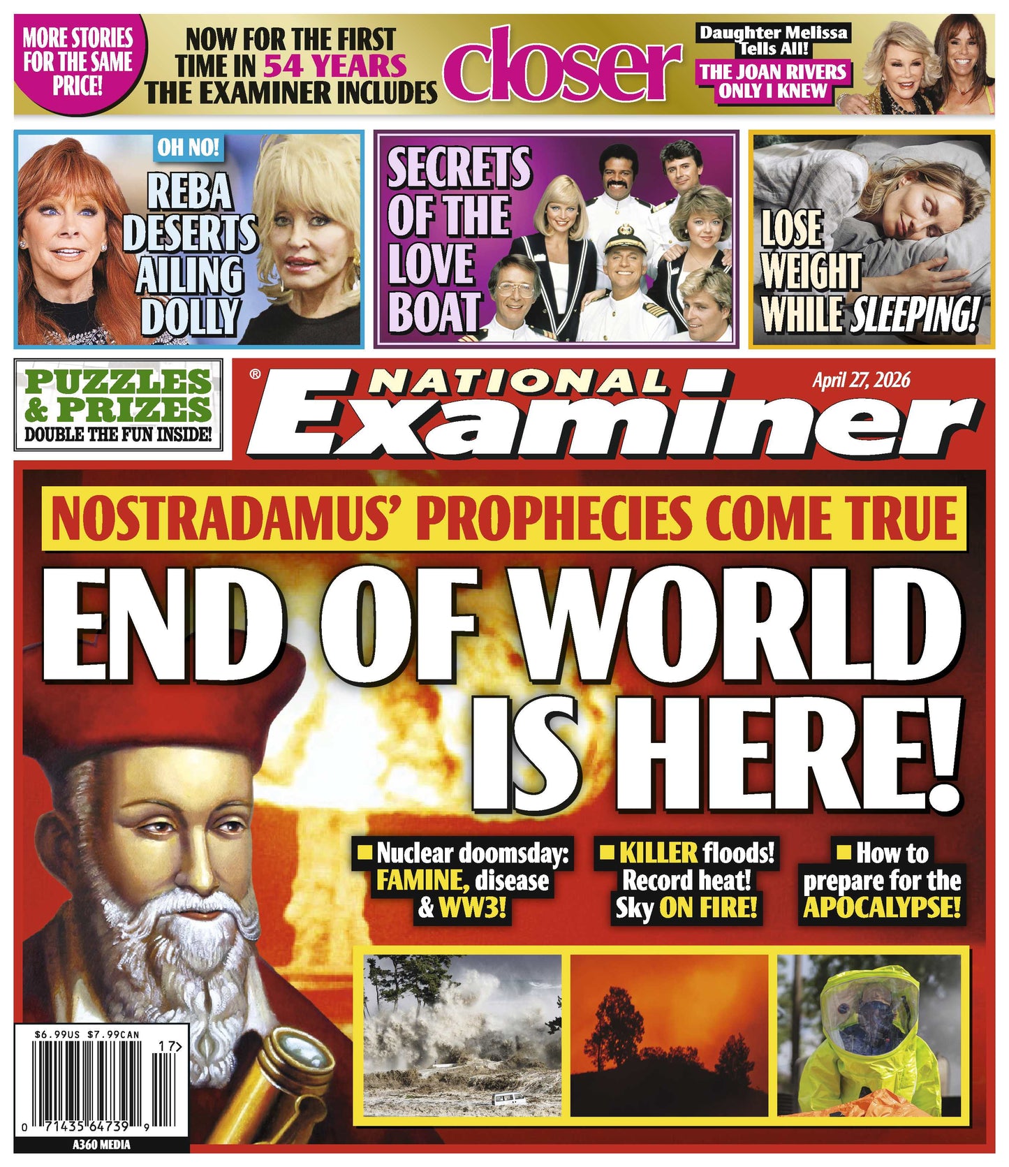 National Examiner - 04.27.26: Nostradamus' Prophecies Come True, Reba Deserts Ailing Dolly, Secrets Of The Love Boat, Lose Weight While Sleeping, Joan Rivers' Daughters Tells All & More!