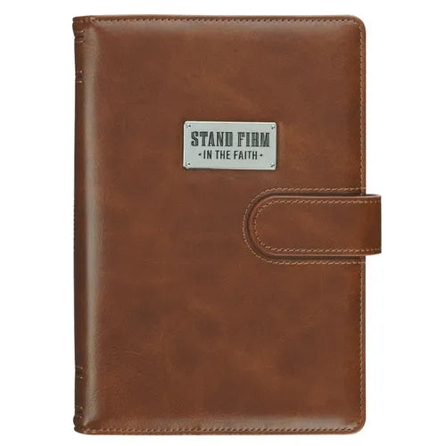 Christian Art Gifts Inspirational Magnetic Closure Journal W/Pen Holder, Stand Firm - 1 Cor. 16:13 Bible Verse, Brown W/Metal Badge Emblem, Wide Ruled