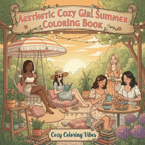 Aesthetic Cozy Girl Summer Coloring Book: Relaxing Hygge Coloring Pages for Adults & Teens Easy Bold Line Designs of Beach Days, Picnics, Journaling,