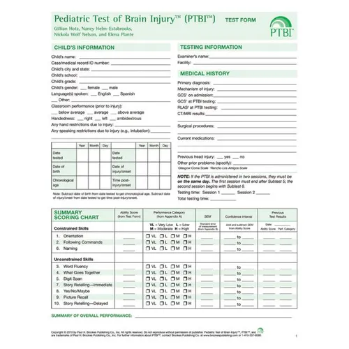 Pediatric Test of Brain Injury(tm) (Ptbi(tm) ) Test Form