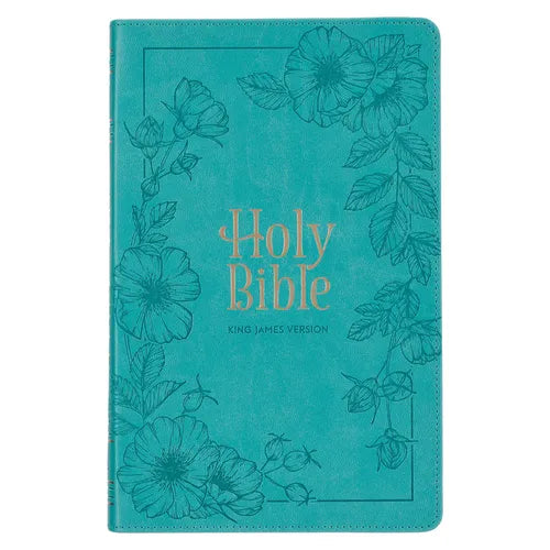 KJV Holy Bible, Standard Size Faux Leather Red Letter Edition - Thumb Index & Ribbon Marker, King James Version, Teal Floral Zipper Closure