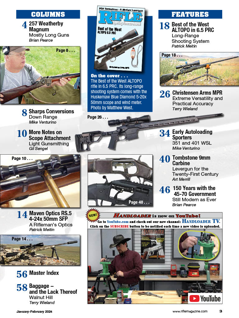 Rifle January 2024 - The Sporting Firearms Journal: Best Of West Altopo 6.5 PRC, Long Guns, Sharps Conversions, Notes On Scope Attachment, Christensen Arms MPR, POF Tombstone & Modern Levergun!