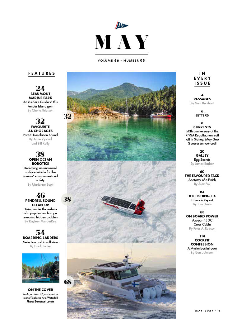 Pacific Yachting - May 2024: Anchorages Of Desolation Sound, Pendrell Sound Cleanup, Guide On Beaumont Marine Park, On Board Power, Testing Axopar 45 XC, Boarding Ladders, Open Ocean Robotics & More!