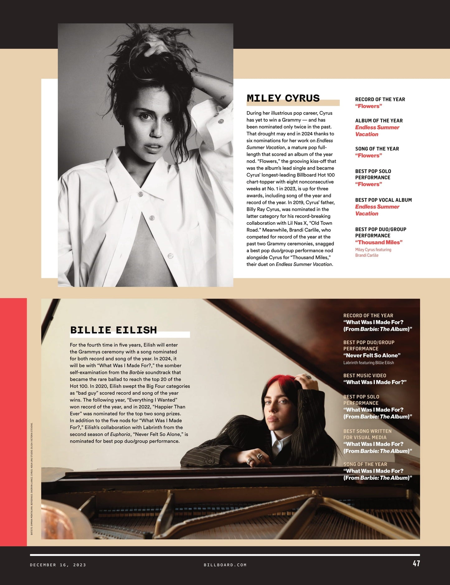Billboard - 23.12.16 Edition: 2024 Grammy Voter Guide, Taylor Swift, Olivia Rodrigo, Miley Cyrus, Lana Del Rey, Billie Eilish, SZA, Dua Lipa, Boygenius, Jon Batiste, Janelle Monáe & Victoria Monét!