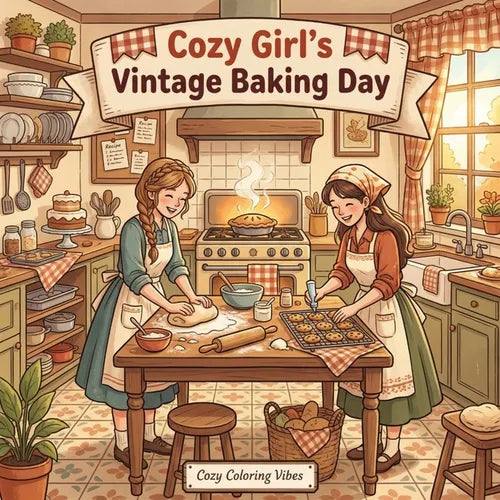 Cozy Girl's Vintage Baking Day: Cute Hygge Coloring Book for Adults & Teens Easy Bold Line Retro Aprons, Rolling Pins, Recipe Cards, Pie Counters & Ol
