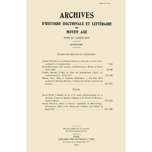 Archives d'Histoire Litteraire Et Doctrinale Du Moyen Age LXXXVI - 2019
