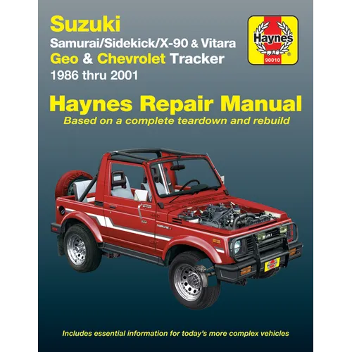Suzuki Samurai 1986-95, Sidekick 1989-98, X-90 1996-98 & Vitara 1999-01, Geo Tracker 1986-97 & Chevrolet Tracker 1998-01