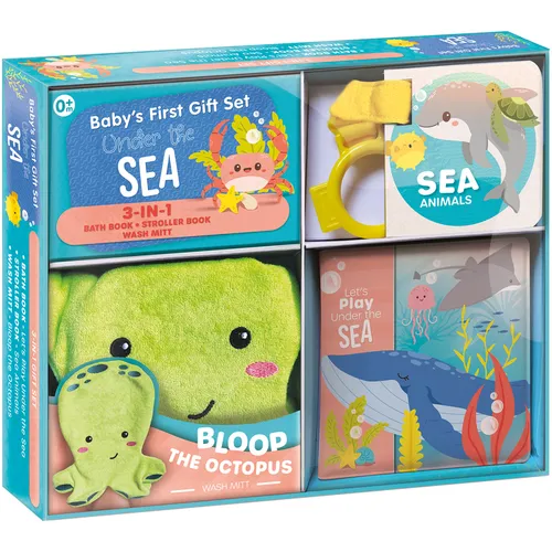 Baby's First Gift Set Under the Sea: Soft Baby Wash Mitt for Toddlers 1-3, Stroller Book, Waterproof Bath Books - Best Newborn Baby Gifts