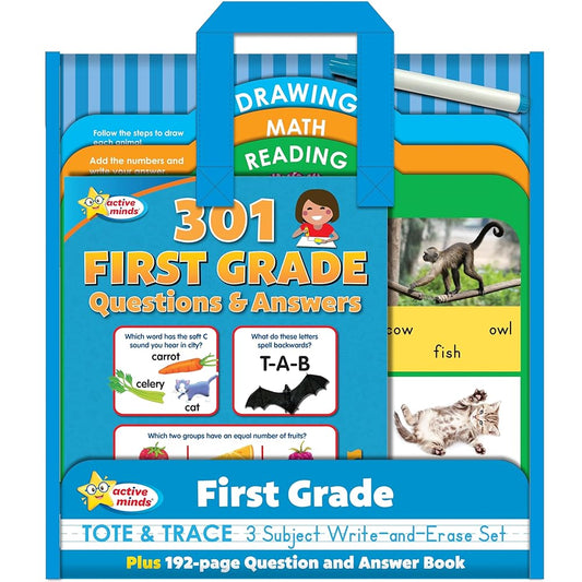 Active Minds - First Grade Tote & Trace - 3 Subject Write-and-Erase Wipe Clean Board Set and 192-Page Question and Answer Workbook - Language Arts, ... and More! (Active Minds Tote and Trace)