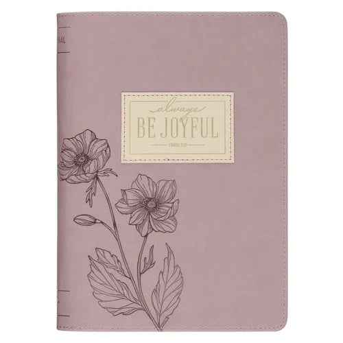 Christian Art Gifts Inspirational Zippered Journal, Be Joyful Wide Ruled Notebook, 1 Thessalonians 5:16 Bible Verse, Dusty Mauve Vegan Leather, 336 Li