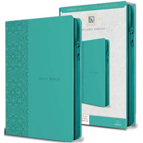 King James Version (Kjv) Holy Bible Large Print, Handy Size, Aquamarine Premium Imitation Leather Cover with Zipper, Red Letter Edition, Ribbon Marker