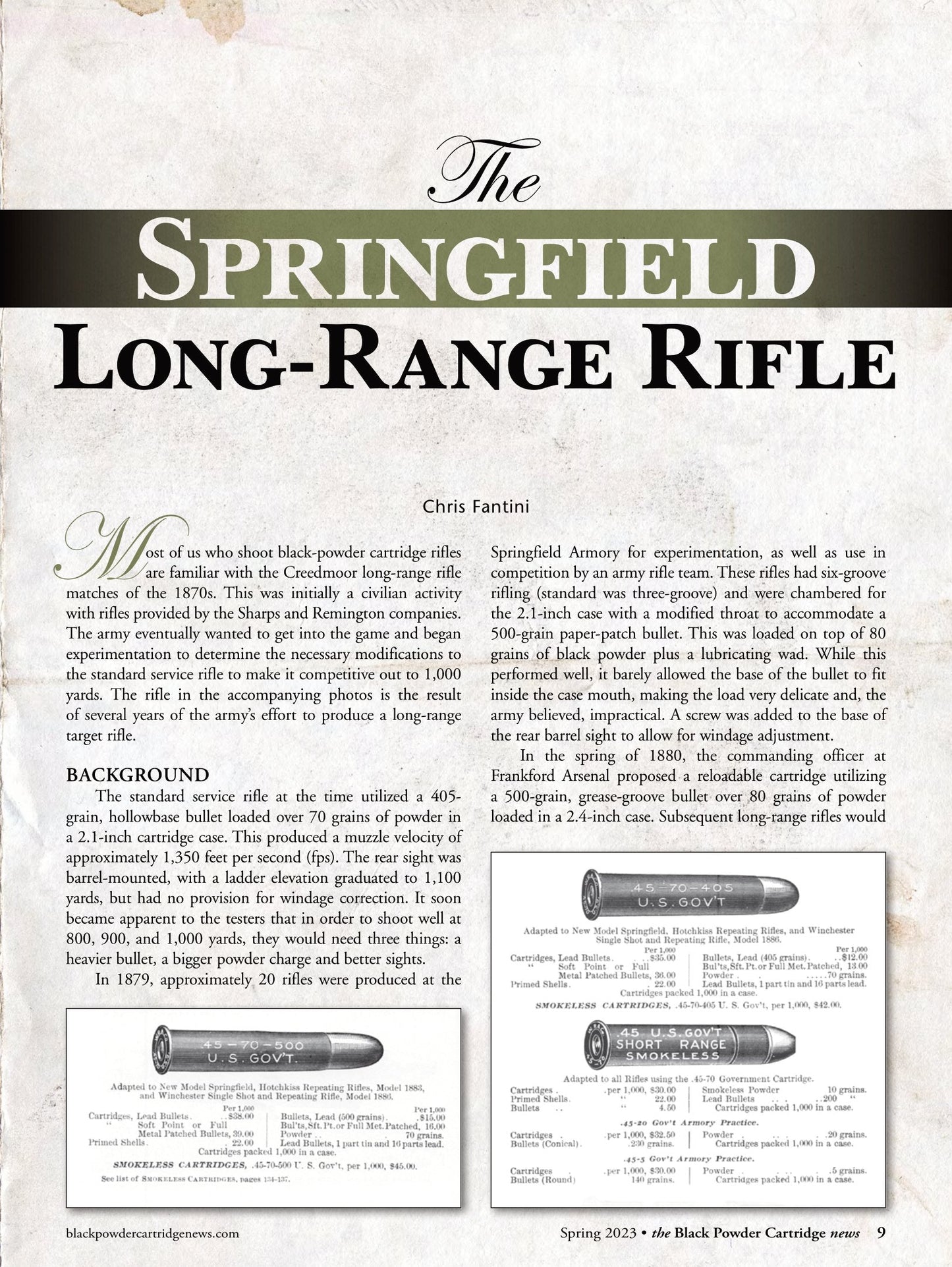 Black Powder Cartridge News Spring 2023 - Smith Carbine Accuracy Test, Springfield Long-Range Rifle, North-West Mounted Police Mills Belt, Wartime Cartridge Cases, SK Long Range .22 Ammunition!