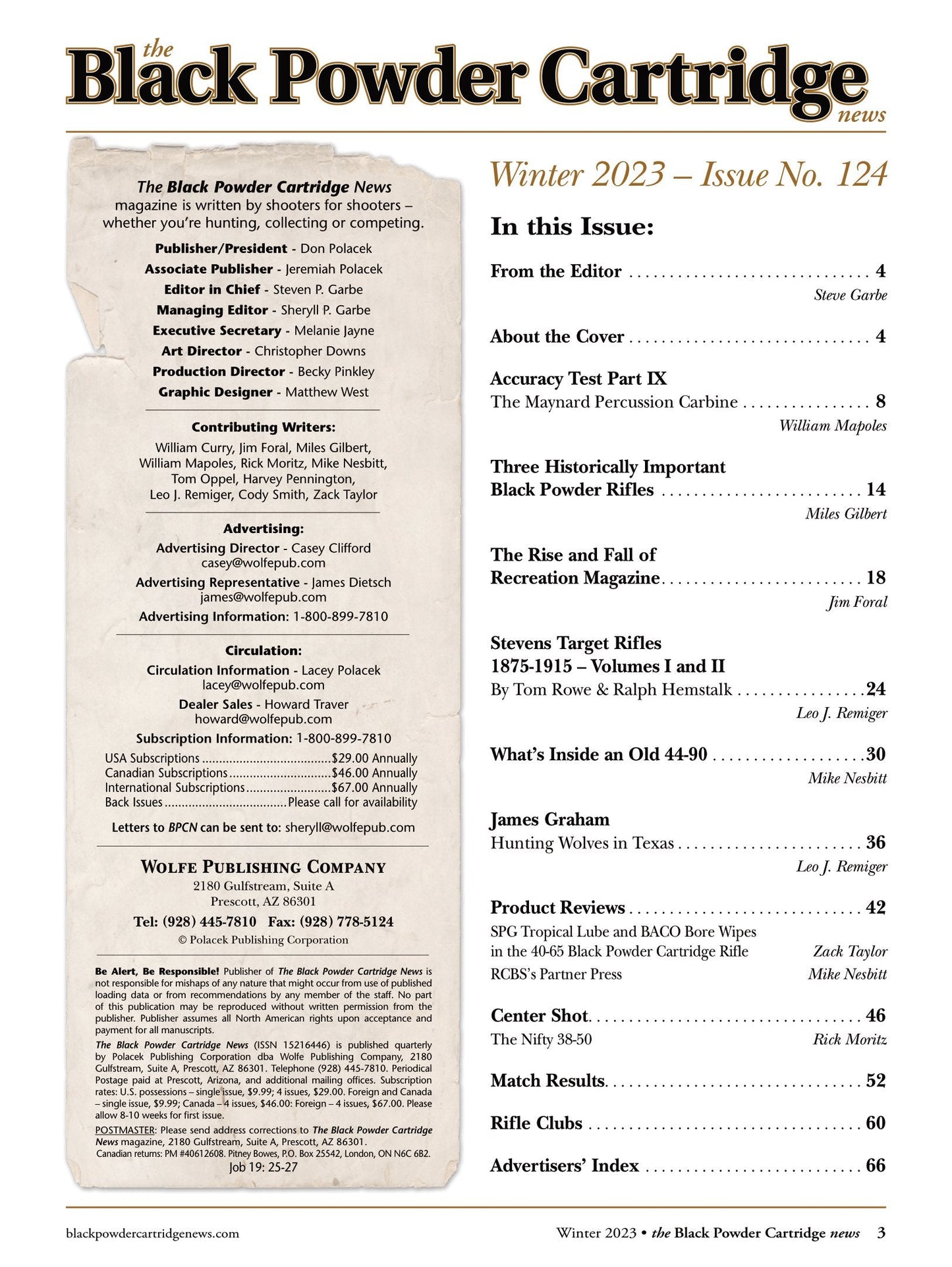 Black Powder Cartridge News - Winter 2023: 3 Historically Important Black Powder Rifles, Maynard Percussion Carbine, What's Inside An Old 44-90, Stevens Target Rifles, Hunting Wolves & Reviews!