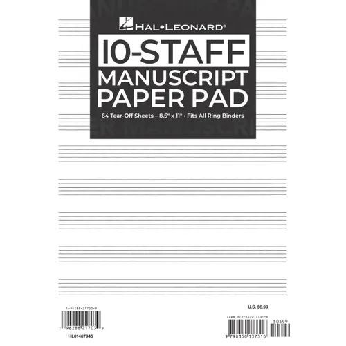 Hal Leonard Manuscript Paper 10-Staff Paper Pad - 64 Tear-Off Sheets, Fits All Ring Binders