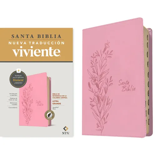 Biblia de Referencia En La Columna Central Ntv, Letra Grande Con Filament (Sentipiel, Rosa, Índice, Letra Roja)