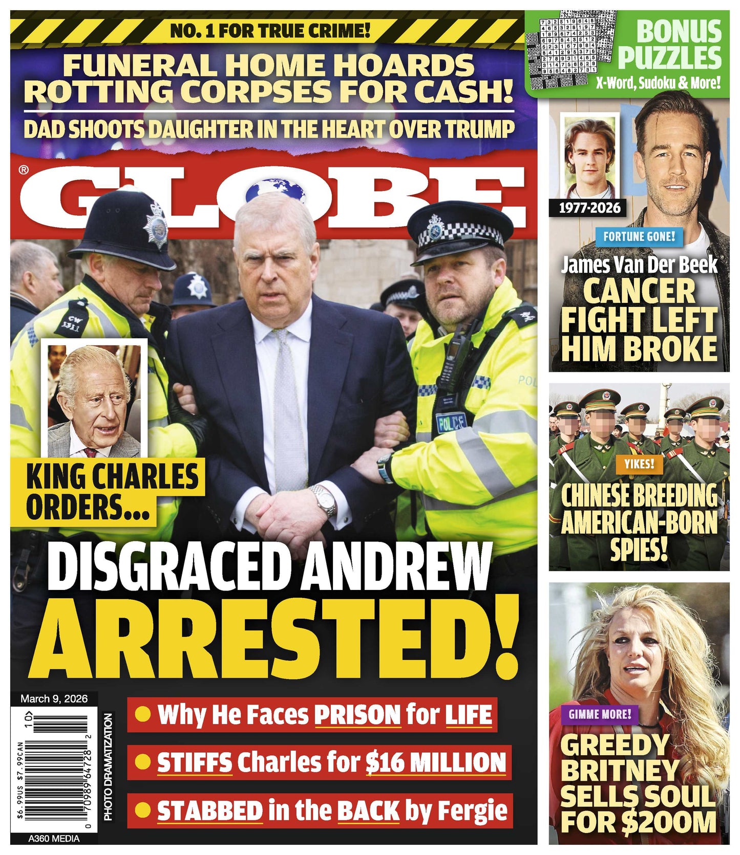 Globe - 03.09.26: Disgraced Andrew Arrested & Stiffs King Charles, Chinese Breeding American Born Spies, Greedy Britney Sells Soul For $200M, James Van Der Beek's Cancer Fight Left Him Broke & More!