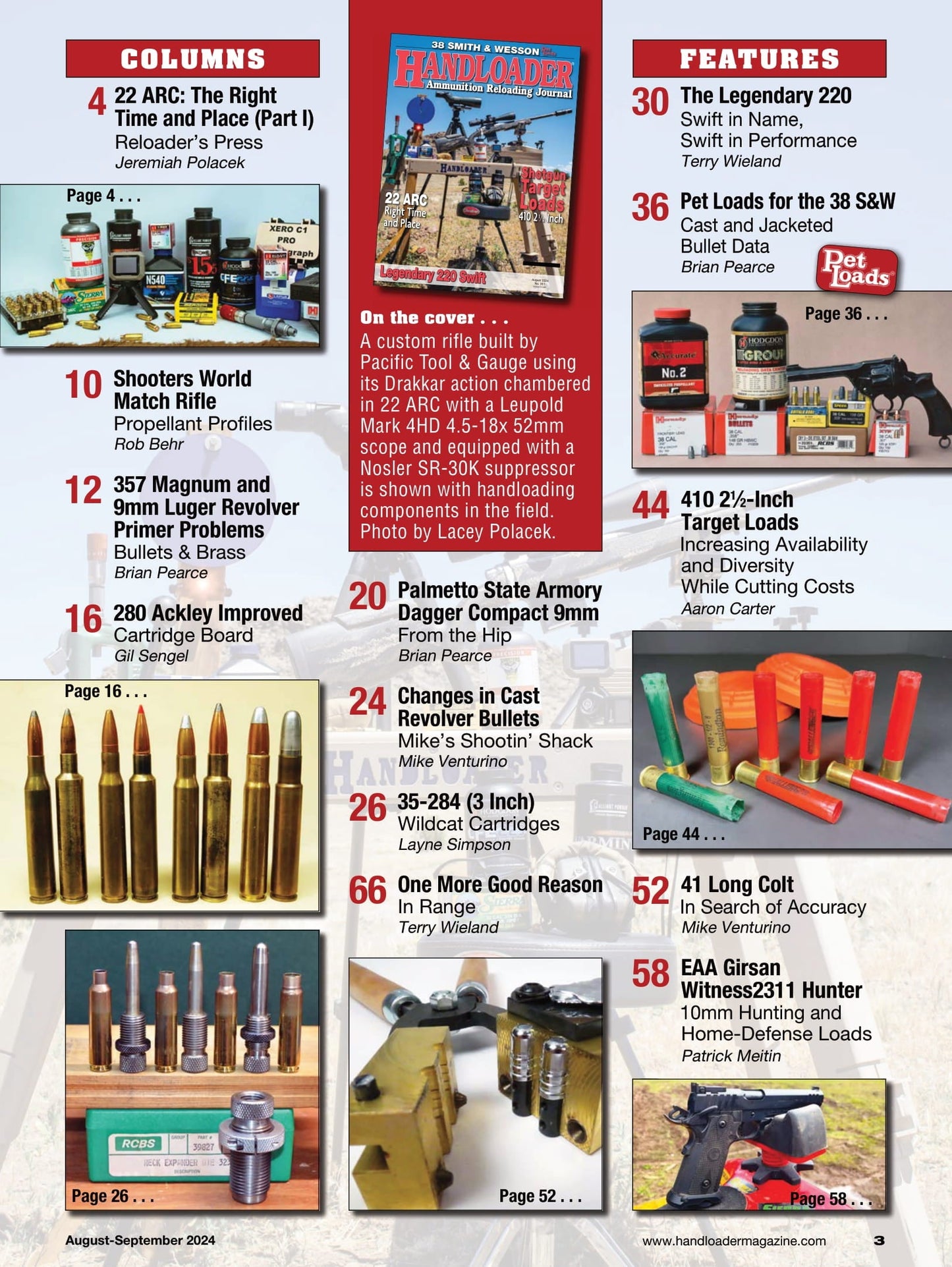 Handloader The Ammunition Reloading Journal - August 2024: Shotgun Target Loads, Legendary 220 Swift, 22 Arc Right Time & Place, Changes In Cast Revolver Bullets & More!
