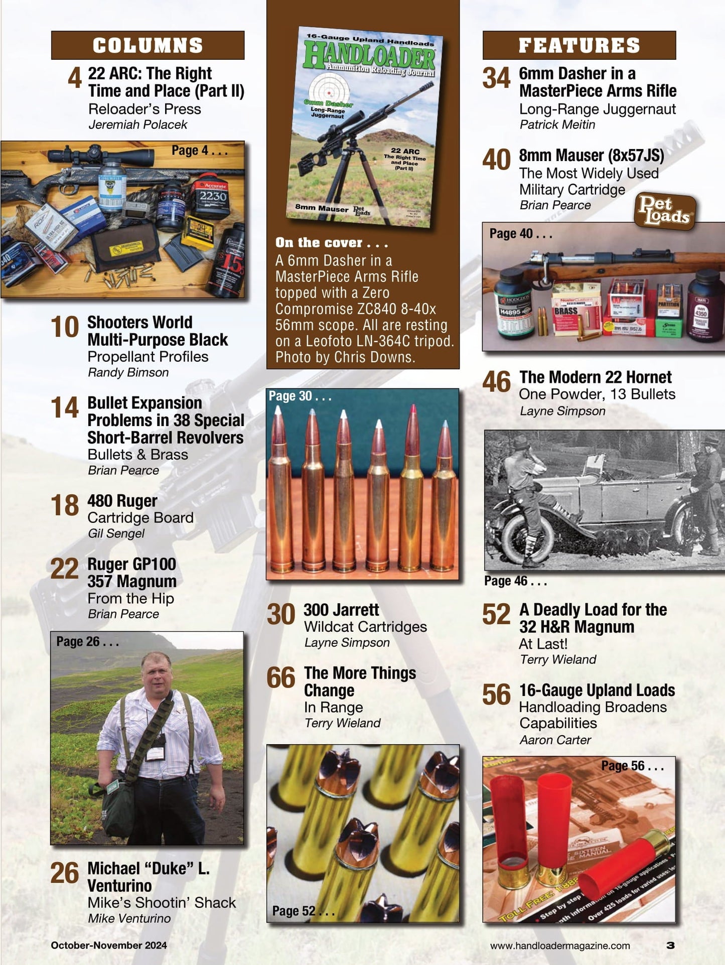 Handloader The Ammunition Reloading Journal - October 2024: 16-Gauge Upland Handloaders, 6mm Dasher, 22 ARC, 8mm Mauser, Bullet Expansion Problems In 38 Special Short-Barrel Revolvers & More!