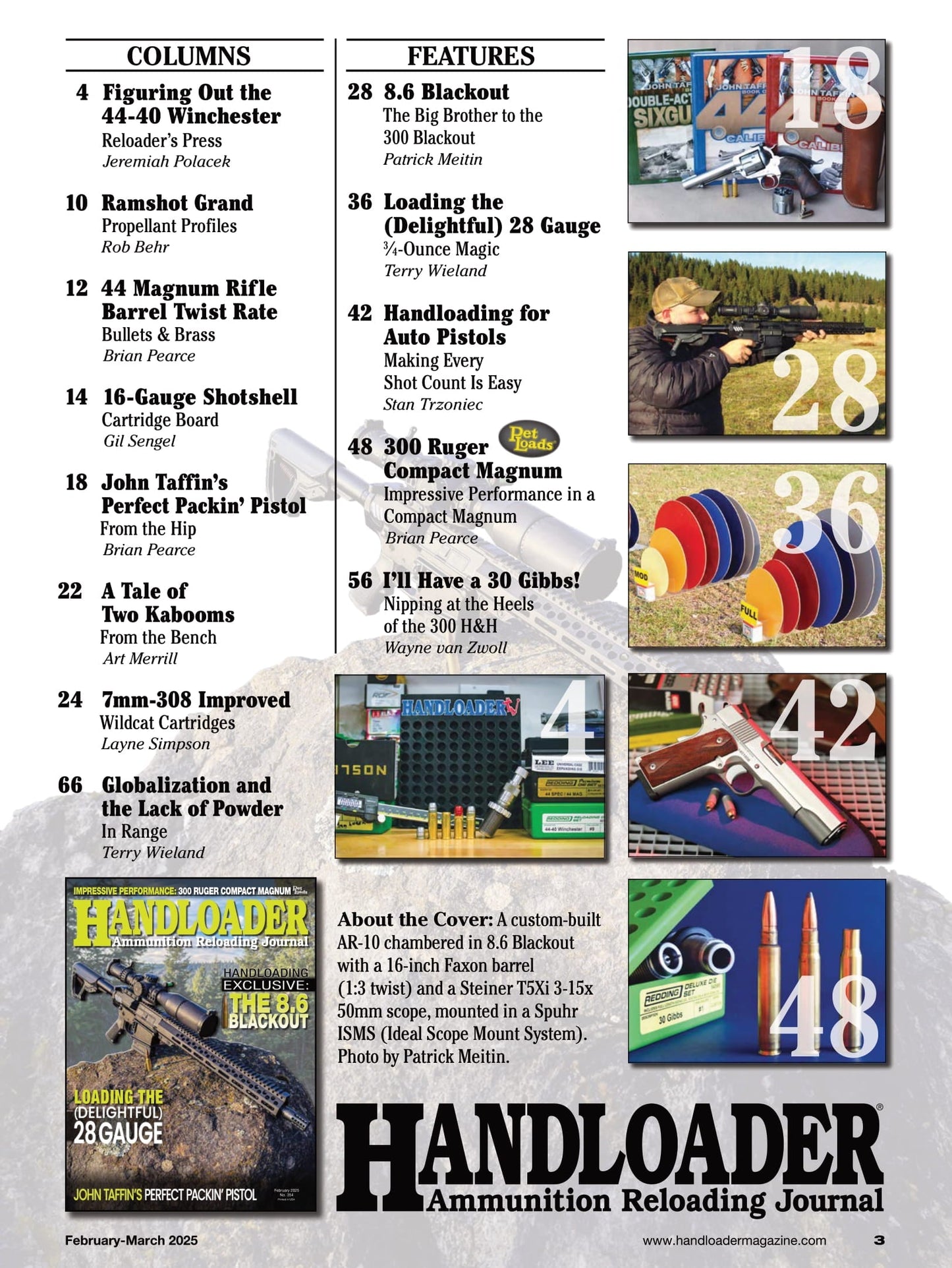 Handloader The Ammunition Reloading Journal - February 2025: 300 Ruger Compact Magnum Performance, 8.6 Blackout Exclusives, 28 Gauge Loading, John Taggin's Perfect Pistol, 44-40 Winchester & More!