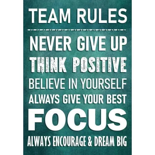 TEAM RULES - Never Give Up - Think Positive - Believe In Yourself - Always Give Your Best - Focus: Always Encourage & Dream Big - Motivational Employe