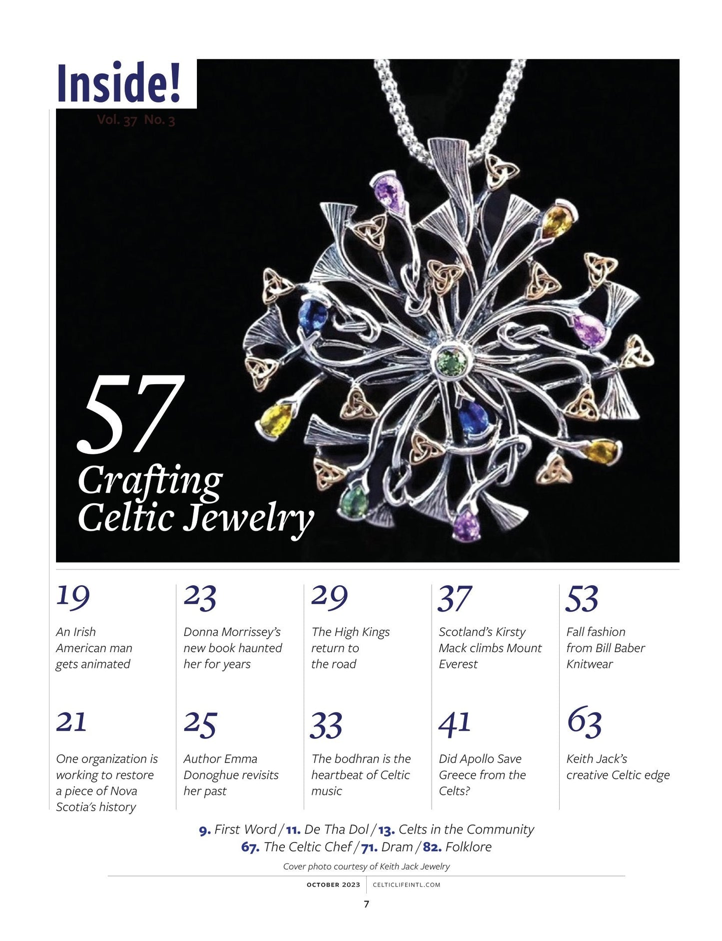 Celtic Life International October 2023 - Crafting Celtic Jewelry: The High Kings, Gary Maclean Fall Fashion, Emma Donoghue Hector 250, The Bodhran, Apollo Save Greece & Donna Morrissey New Book!