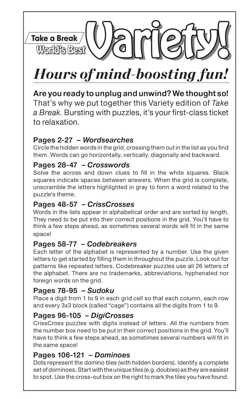 Large Print Variety Puzzles - 100+ Activity Pages, Dominoes, Crosswords, Wordsearch, Codebreakers, Sudoku, DigiCross, CrissCross, Family Fun, All Ages, Unwind, Relax, Boost Brain, De-Stress & Solve!