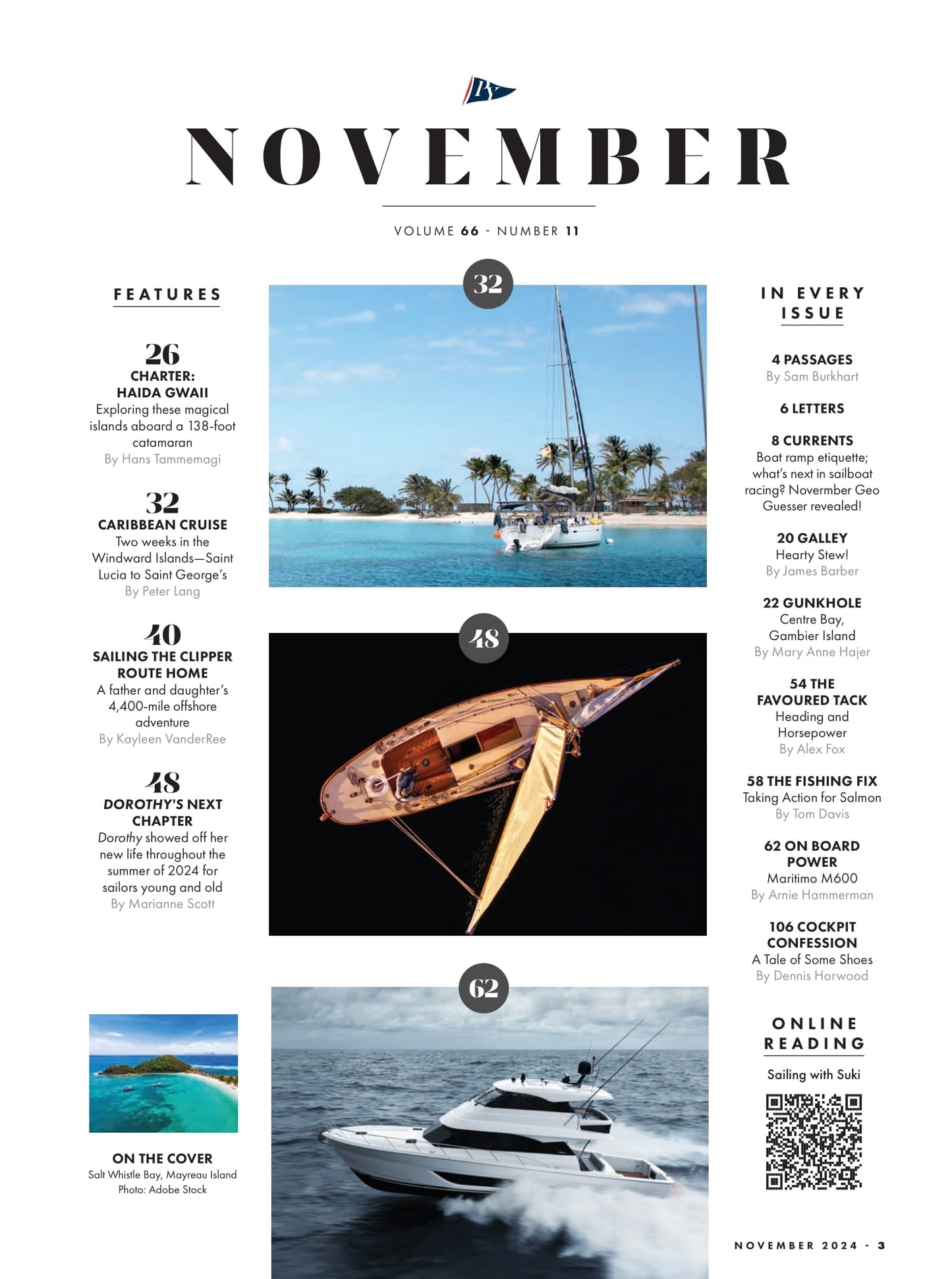 Pacific Yachting - November 2024: The Charter Issue, Caribbean Cruise From Saint Lucia To Saint George's, Exploring The Wild Coast, Gambier Island, Sailing The Clipper Route Home & More!