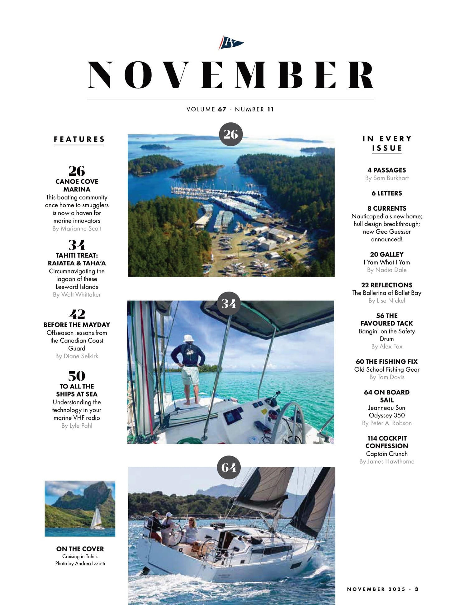 Pacific Yachting - November 2025: Tahiti Treat, South Pacific Charter Guide, Canoe Cove Marina, Technology In Your Marine VHF Radio, Canadian Coast Guard Safety Tips, Old School Fishing Gear & More!
