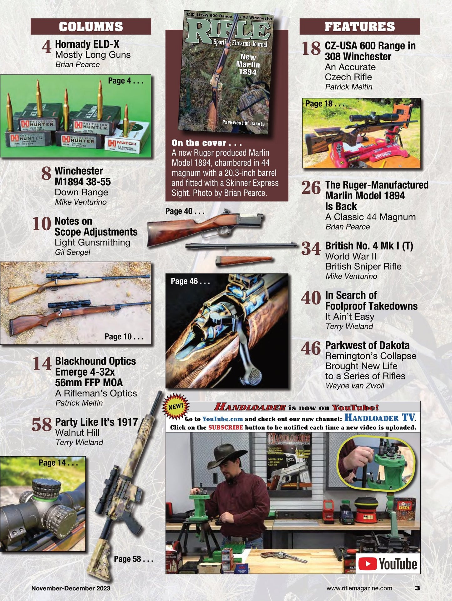 Rifle November 2023 - The Sporting Firearms Journal: Featuring The Ruger-Manufactured Marlin Model 1894, Notes On Scope Adjustments, CZ-USA 600 Range 308 Winchester & More