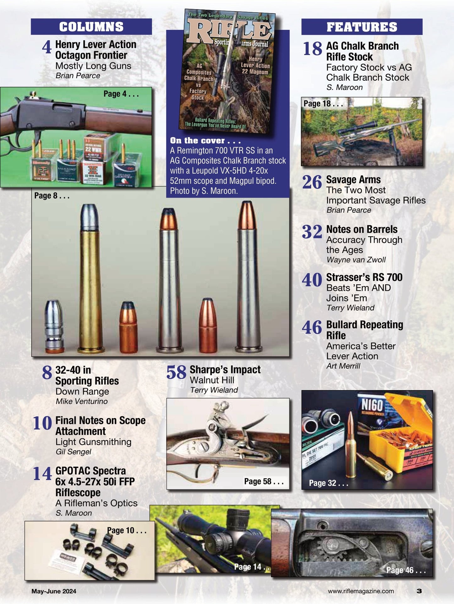 Rifle May 2024 - AG Composites Chalk Branch vs Factory Stock, Henry Lever Action 22 Magum, Bullard Repeating Rifle, Notes On Scope Attachments, Barrels, Optics, Modern Hunting Rifles, Wars & More!