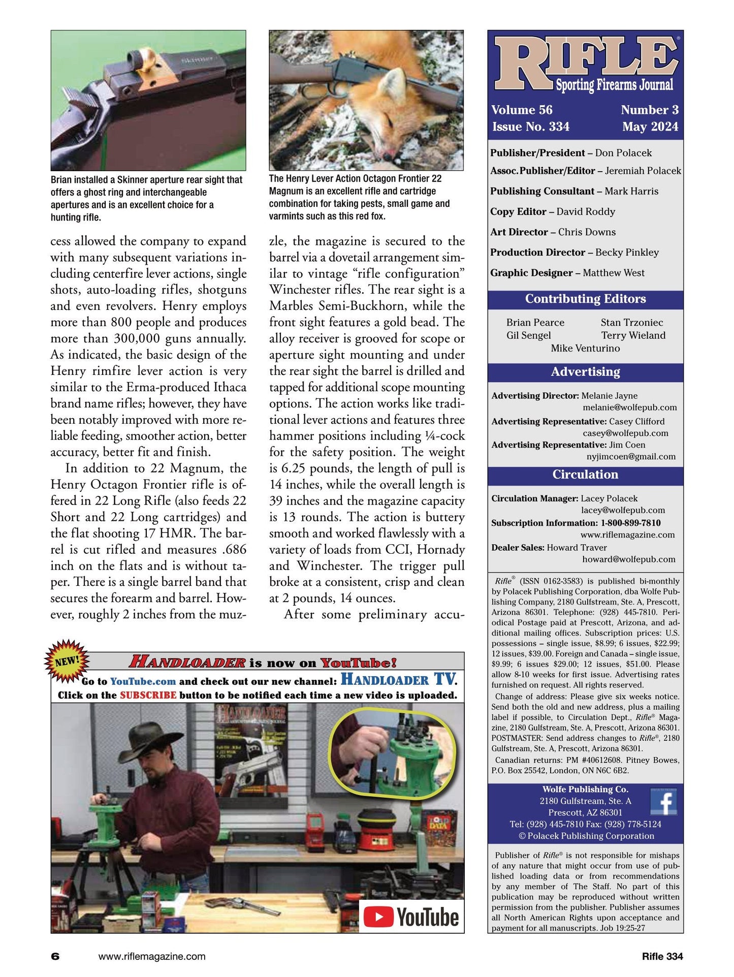 Rifle May 2024 - AG Composites Chalk Branch vs Factory Stock, Henry Lever Action 22 Magum, Bullard Repeating Rifle, Notes On Scope Attachments, Barrels, Optics, Modern Hunting Rifles, Wars & More!
