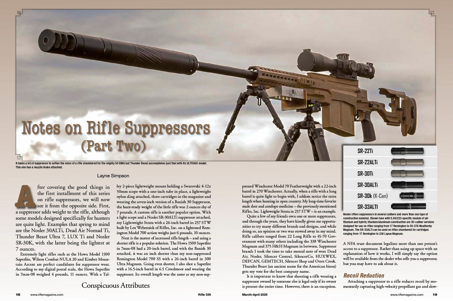 Rifle - March 2025: Everything You Need To Know About Suppressors Pt 2, 6MM Remington, Favorite Rifle & Loads, 280 Ackley Improved, Colt’s CBX TAC Hunter, Marlin Model 1894 Trapper 357 Magnum & More!