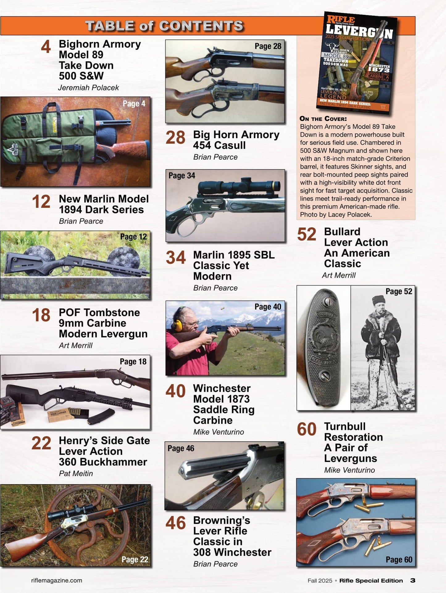 Rifle Special Edition - Fall 2025: Winchester Model 1873 Saddle Ring Carbine, Marlin Model 1894 Dark Series, Big Horn Armory 454 Casull, POF Tombstone 9mm Carbine, Turnbull Restoration & More!