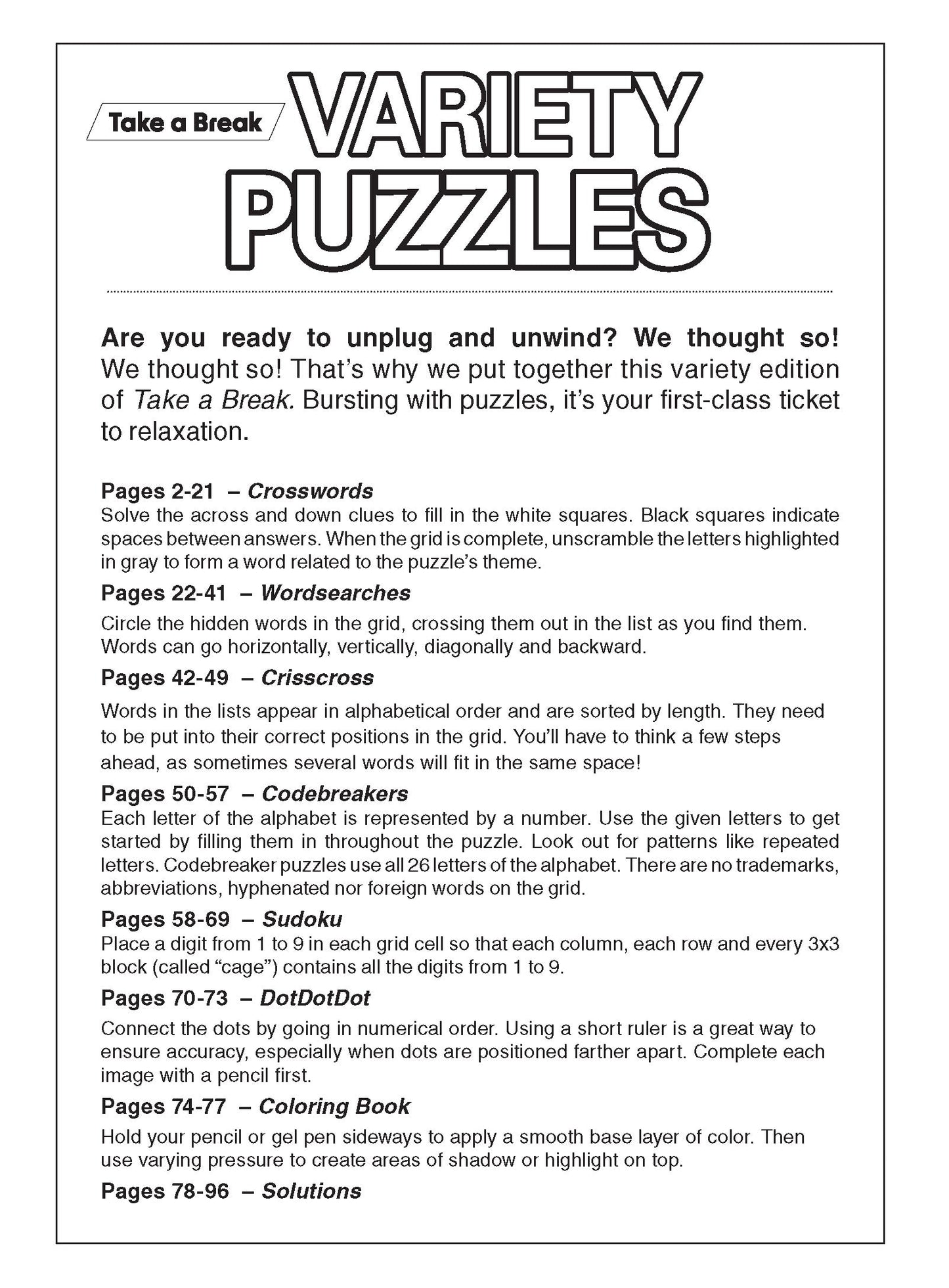 Variety Puzzles Large Print - Vo. 1 / Issue 2: Unplug and Unwind! Adult Activity Book: Easy and Fun with over 100+ Puzzles!