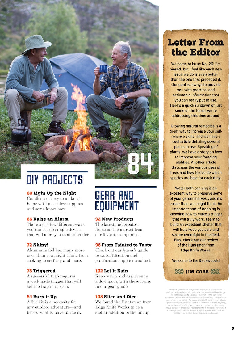 Backwoods Survival Guide - Living Off The Land No. 26: 200+ Tips, Spring Foraging, Improvised Shelters, DIY Alarms & Candles, Water Bath Canning, Trap Triggers, Water Filtration, Fire Kit & Gear Guide