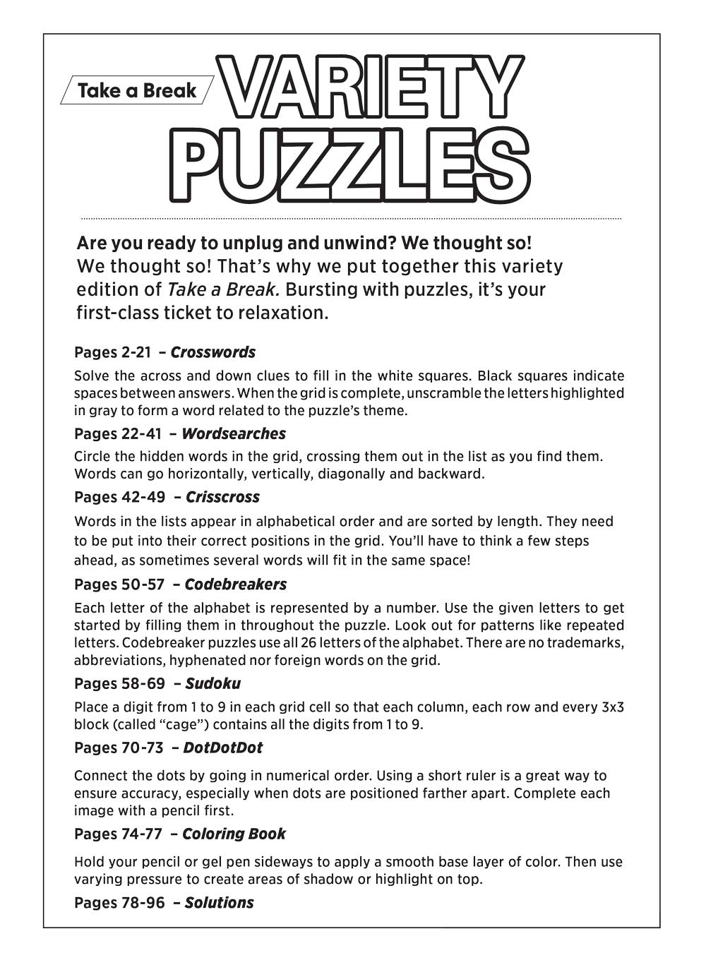 Take a Break - Variety Puzzles (Large Print): 100+ Puzzles, Adult Activity Book, Easy & Fun, Sudoku, Word Search, Crossword, Dot-To-Dot, Coloring, CrissCross, Relax, Unwind, Unplug, De-Stress & Solve!
