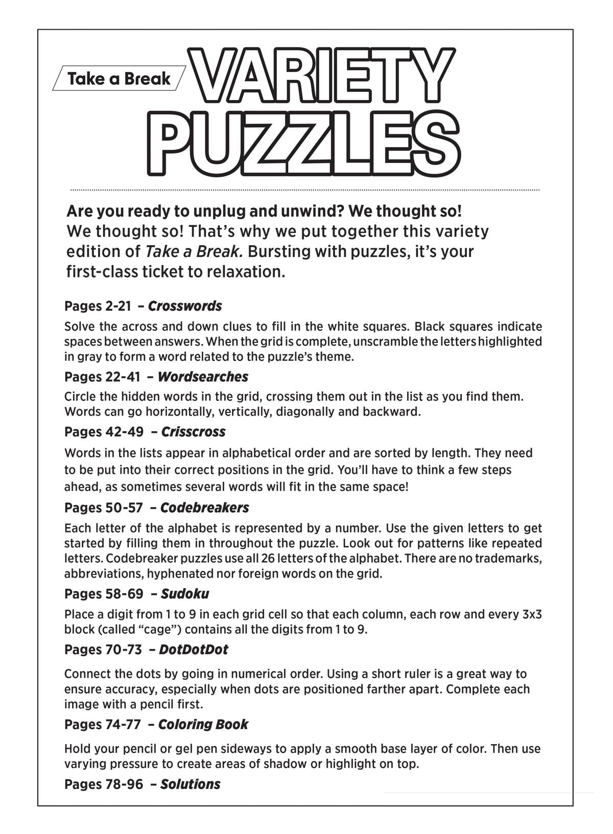 Take a Break - Variety Puzzles 26.01.23: 100+ Large Print Puzzles, Adult Activity Book, Boost Your Brain With Hours Of Fun, Unplug, Relax & Unwind With Word Search, Crosswords, Sudoku & More!