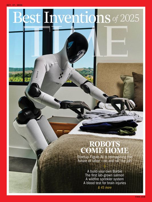 TIME Magazine - 10.27.25 Edition: Best Inventions of 2025 - Robots Come Home, Build your own Barbie, A Wildfire Sprinkler System, A Blood Test for Brain Injuries, First Lab-Grown Salmon, and More!