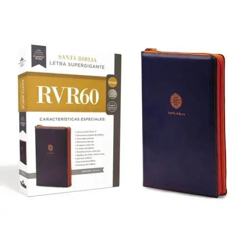 Rvr60, Santa Biblia, Letra Supergigante, Leathersoft, Azul, Con Cierre, Comfort Print