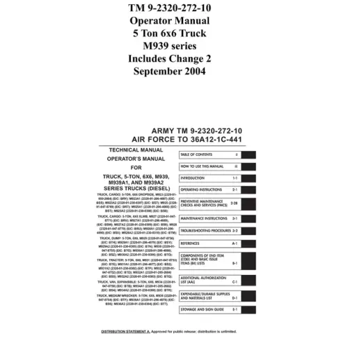 TM 9-2320-272-10 Operator Manual 5 Ton 6x6 Truck M939 series Includes Change 2 September 2004