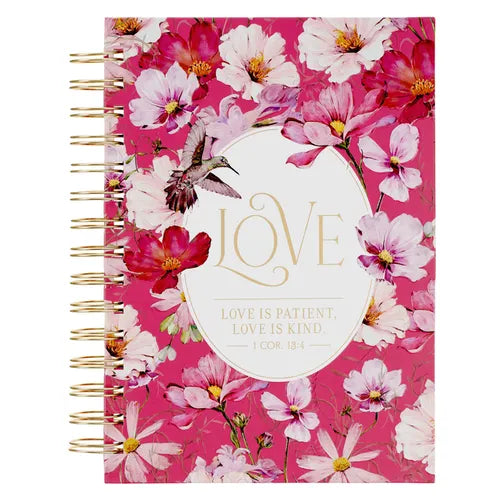 Christian Art Gifts Inspirational Journal, Love Is Patient Wide Ruled Notebook, 1 Corinthians 13:5 Bible Verse, Cherry Pink, 192 Lined Pages W/Scriptu