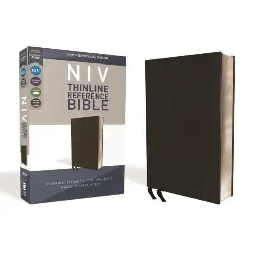 Niv, Thinline Reference Bible (Deep Study at a Portable Size), Genuine Leather, Calfskin, Black, Red Letter, Comfort Print