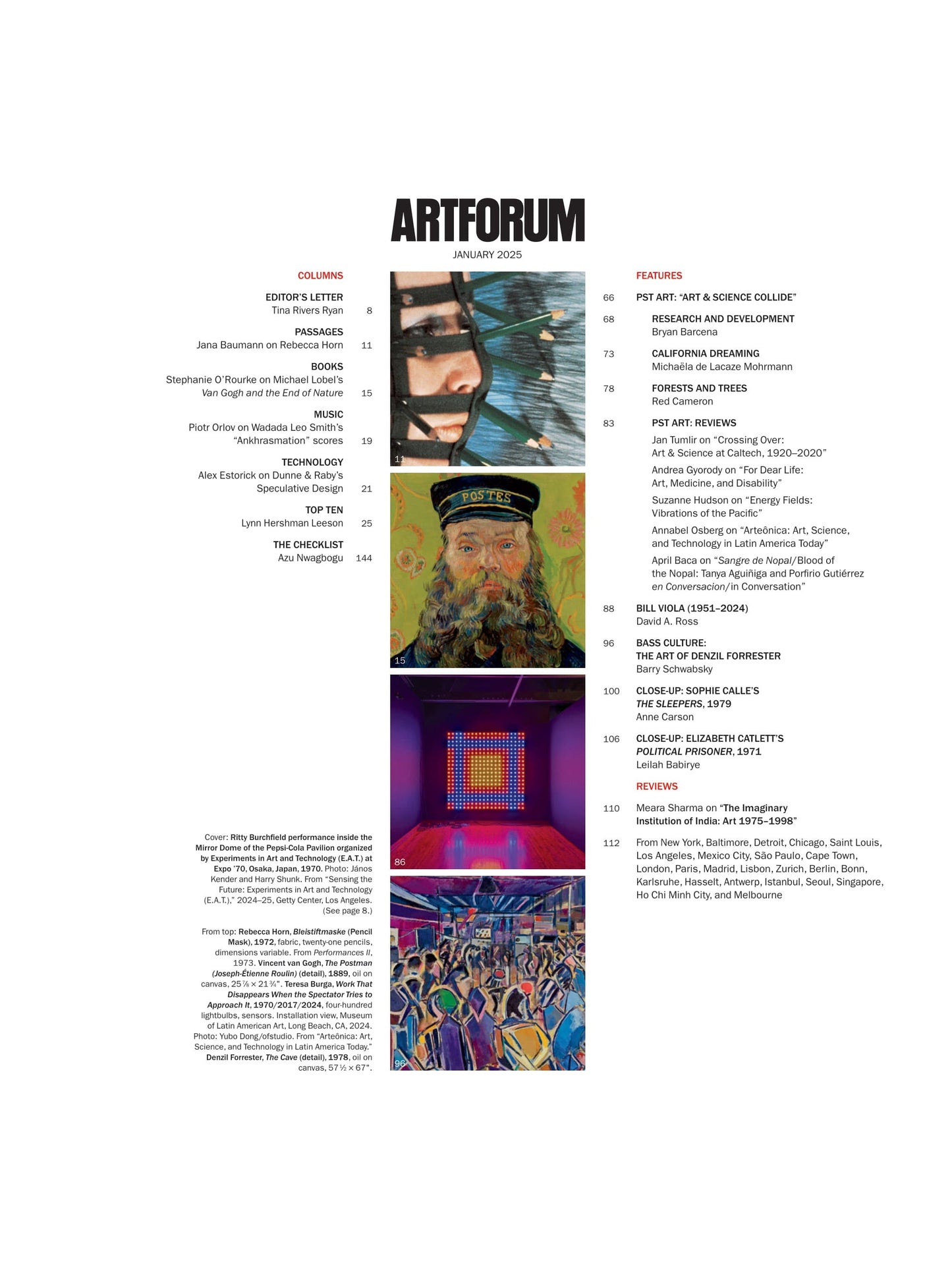 Artforum - January 2025: Van Gogh & The End of Nature, The Imaginary Institution Of India, Elizabeth Catlett, Sophie Calle, Denzil Forrester, PST Art, Lynn Hershman Leeson, California Dreaming & More!