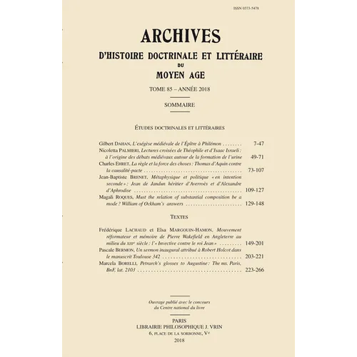 Archives d'Histoire Litteraire Et Doctrinale Du Moyen Age LXXXV - 2018