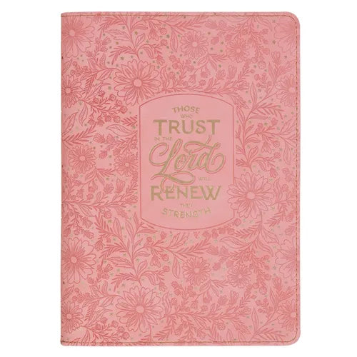 Christian Art Gifts Inspirational Zippered Journal, Those Who Trust in the Lord Wide Ruled Notebook, Isa. 40:31 Bible Verse, Coral Vegan Leather, 336