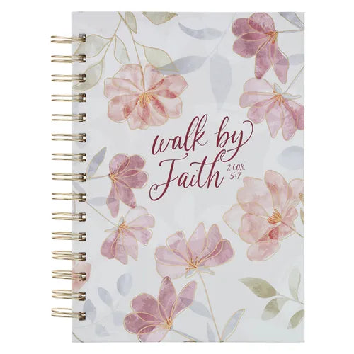 Christian Art Gifts Inspirational Journal, Walk by Faith Wide Ruled Notebook, 2 Corinthians 5:7 Bible Verse, Pink W/ White Florals, 192 Lined Pages W/