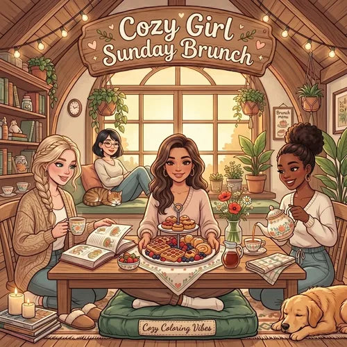 Cozy Girl Sunday Brunch: Cute Comfy Homebody Coloring Book for Adults & Teens Easy Bold Line Hygge Design & Relaxing Home Scenes, Daily Good Vibe Comf