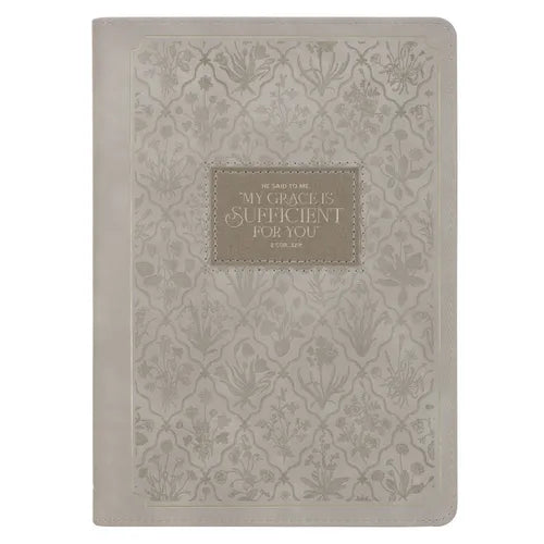 Christian Art Gifts Inspirational Zippered Journal, My Grace Is Sufficient for You Wide Ruled Notebook, 2 Cor. 12:9 Bible Verse, Taupe Vegan Leather,