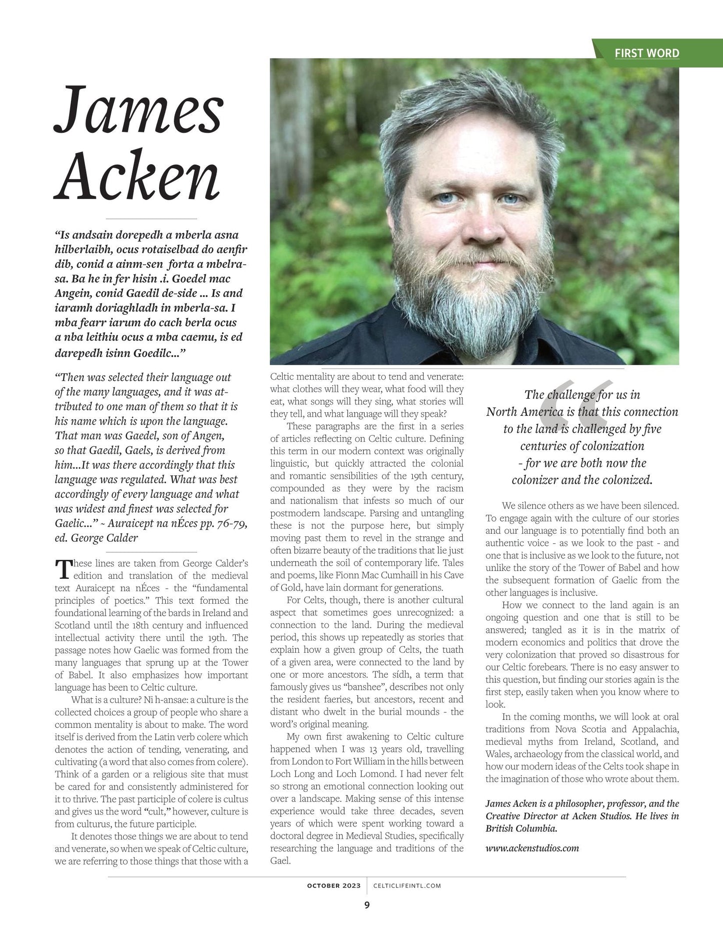 Celtic Life International October 2023 - Crafting Celtic Jewelry: The High Kings, Gary Maclean Fall Fashion, Emma Donoghue Hector 250, The Bodhran, Apollo Save Greece & Donna Morrissey New Book!